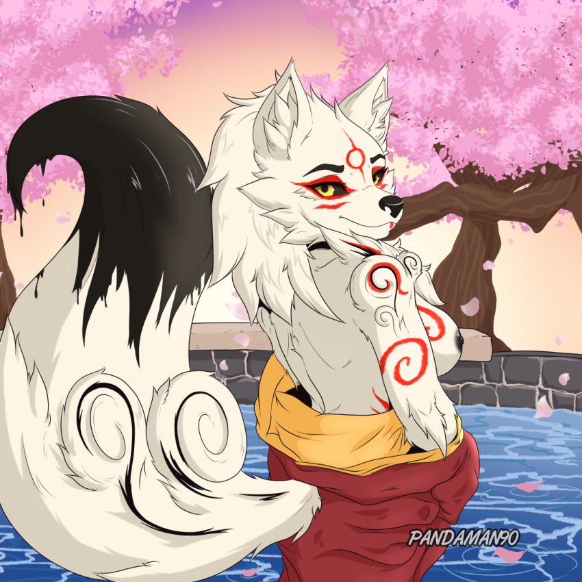 amaterasu_(okami) anthro asian_clothing bodypaint breasts canid canine canis capcom cherry_blossom clothed clothing east_asian_clothing female japanese_clothing kimono looking_at_viewer looking_back mammal nipples okami_(capcom) pandaman90 plant side_boob sky solo topless undressing wolf