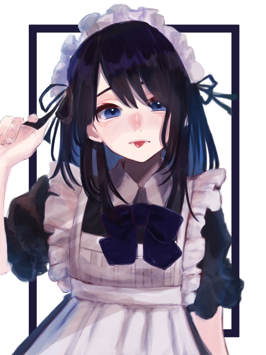 1girl ado_(utaite) apron black_dress black_hair blue_bow blue_bowtie blue_eyes blue_hair blush bow bowtie cloud_nine_inc colored_inner_hair commentary dress highres long_hair looking_at_viewer maid maid_apron maid_headdress multicolored_hair puffy_short_sleeves puffy_sleeves setoka short_sleeves solo tongue tongue_out two-tone_hair upper_body utaite