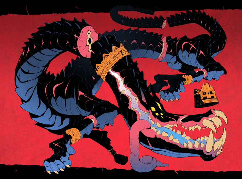 1other colored_sclera creature crown demon douglas_harvey dragon english_commentary extra_eyes fantasy highres monster multiple_bracelets no_humans open_mouth original red_background sharp_teeth skull sliced teeth tongue tongue_out yellow_sclera