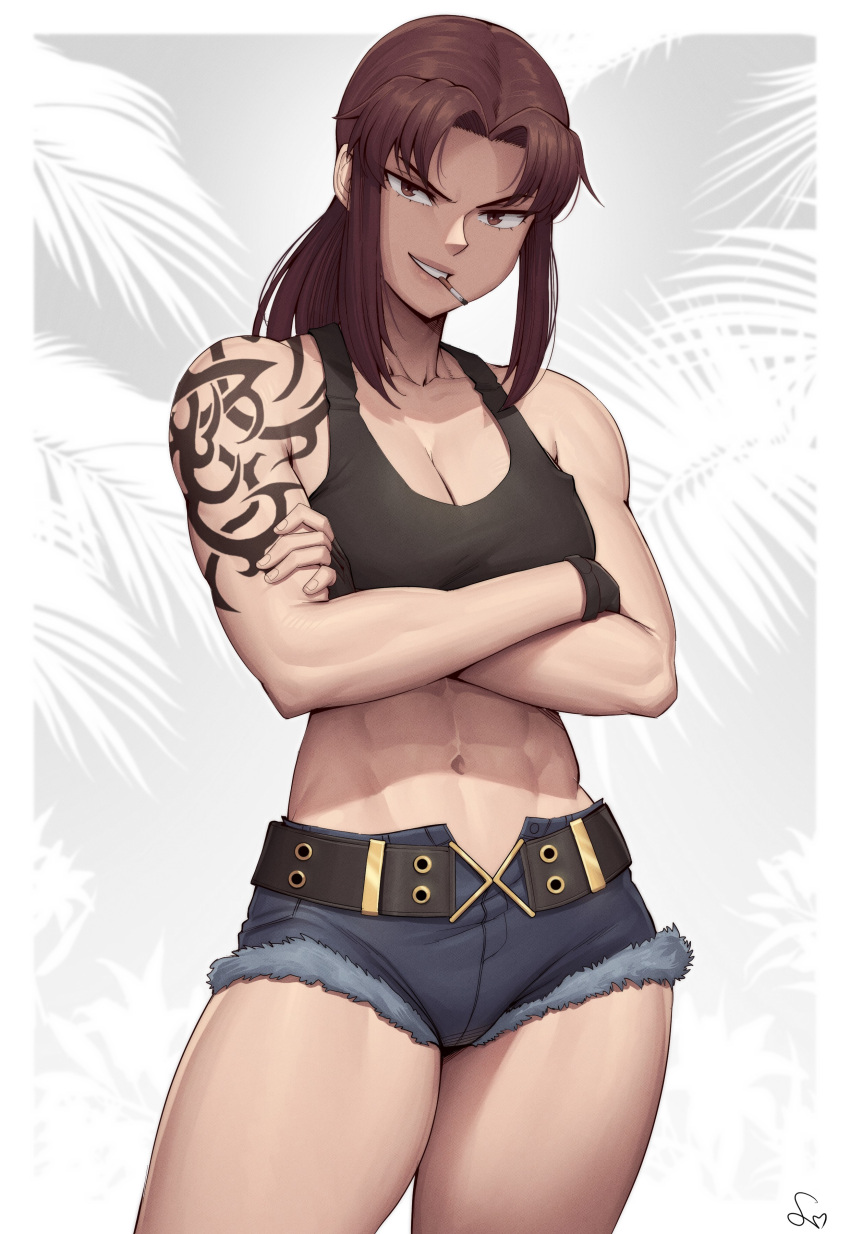 1girl abs absurdres bare_shoulders belt black_belt black_gloves black_lagoon blue_shorts breasts brown_eyes brown_hair cigarette cleavage contrapposto cowboy_shot crop_top crossed_arms cutoffs denim denim_shorts fingerless_gloves gloves grin highres large_breasts long_hair looking_at_viewer midriff mouth_hold navel open_fly ponytail revy_(black_lagoon) short_shorts shorts shoulder_tattoo signature smile solo speedl00ver standing tattoo thick_thighs thighs toned tribal_tattoo v-shaped_eyebrows