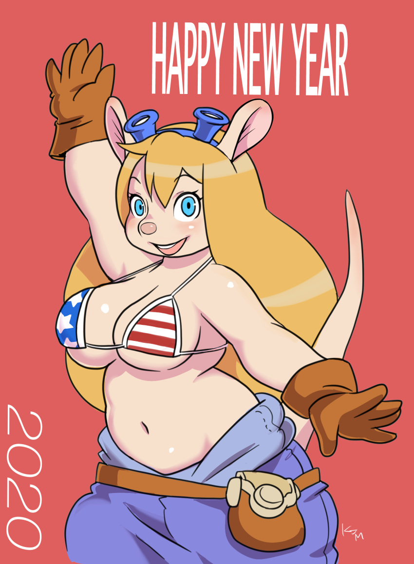 american_flag_bikini anthro big_breasts blonde_hair blue_eyes bottomwear breasts brown_clothing brown_gloves brown_handwear chip_'n_dale_rescue_rangers clothing disney eyelashes eyewear eyewear_on_head female gadget_hackwrench gloves goggles goggles_on_head hair handwear hi_res kjm_video long_hair looking_at_viewer mammal mouse murid murine navel open_mouth open_smile purple_bottomwear purple_clothing raised_arm red_background rodent simple_background smile solo text thick_thighs wide_hips