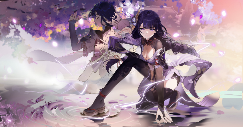 absurdres black_thighhighs braid braided_ponytail breasts bridal_gauntlets eamut1 electricity flower genshin_impact hair_ornament highres japanese_clothes kimono large_breasts long_braid long_hair long_sleeves looking_at_viewer mole mole_under_eye obiage orange_flower purple_eyes purple_hair purple_kimono raiden_shogun thighhighs zettai_ryouiki