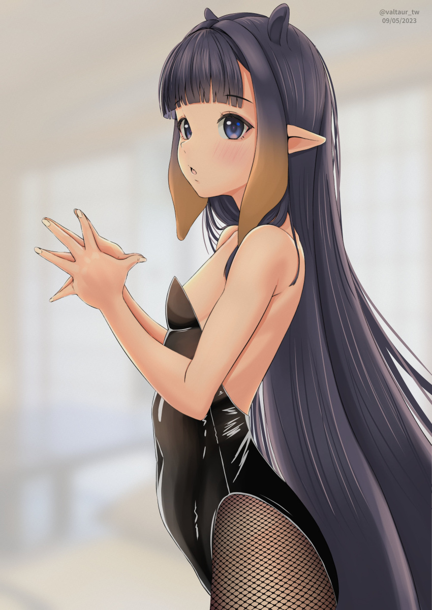 1girl absurdres artist_name black_hair blunt_bangs bodysuit highres holding_hands hololive hololive_english latex latex_bodysuit long_hair ninomae_ina'nis ninomae_ina'nis_(1st_costume) open_mouth pointy_ears profile purple_eyes twitter_username valtaur_tw