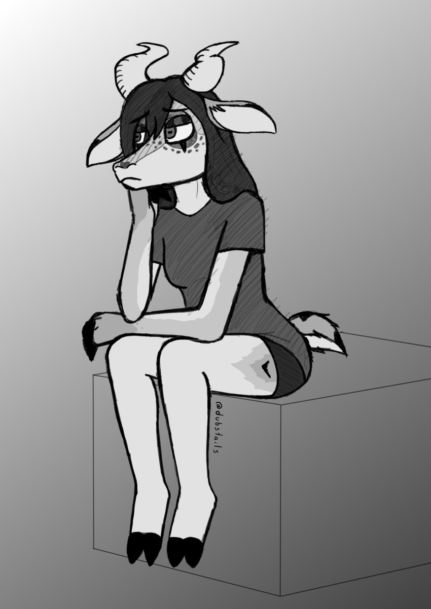 absurd_res bored bovid caprine clothed clothing digital_media_(artwork) dubstails female goat hi_res horn mammal monochrome sad sketch