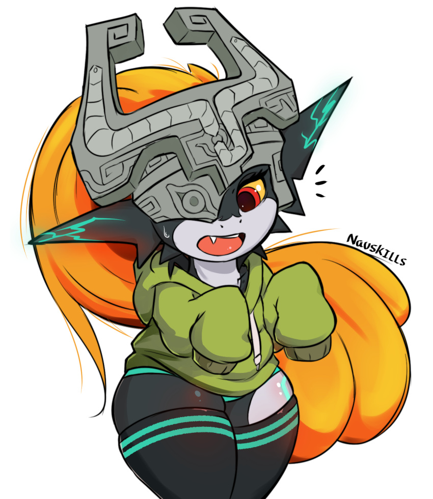 armor baggy_clothing black_body cel_shading clothing fangs female hair headgear helmet hi_res hoodie imp legwear markings midna nauskills nintendo open_mouth orange_hair pattern_clothing pattern_legwear pattern_thigh_highs shaded short_stack simple_background slightly_chubby solo striped_clothing striped_legwear striped_thigh_highs stripes teeth the_legend_of_zelda thick_thighs thigh_highs topwear twilight_princess underwear white_background white_body