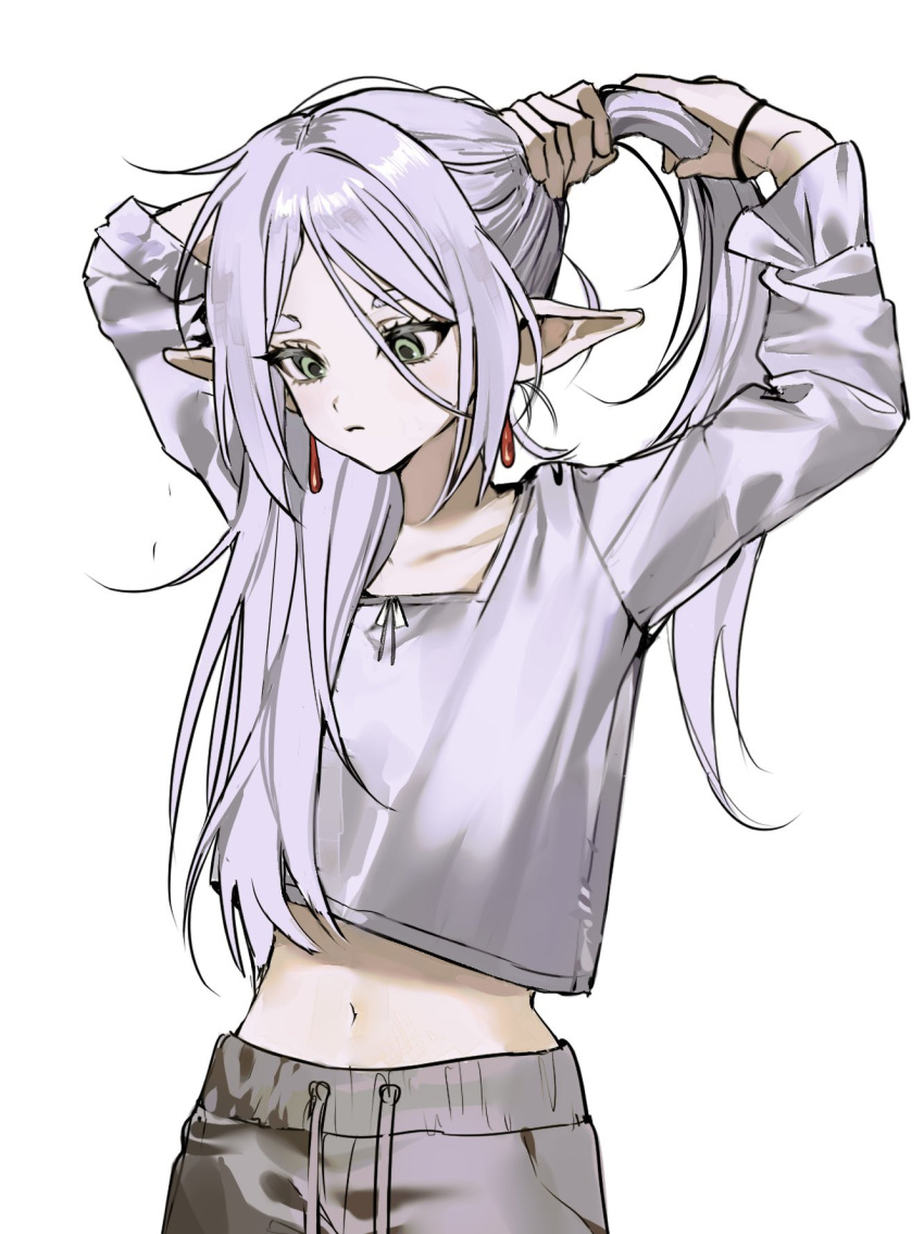 1girl alternate_costume closed_mouth collarbone cowboy_shot earrings frieren green_eyes h5e6n highres jewelry long_hair long_sleeves looking_down navel parted_bangs pointy_ears short_eyebrows sidelocks solo sousou_no_frieren standing stomach thick_eyebrows twintails white_hair