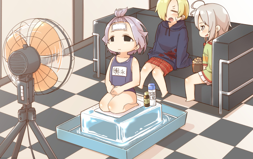 3girls ahoge bangs_pinned_back bare_arms bare_legs bare_shoulders barefoot black_hoodie blonde_hair blue_one-piece_swimsuit blush checkered_floor closed_eyes couch electric_fan flower_pot green_shirt grey_eyes grey_hair hair_over_one_eye highres hood hood_down hoodie hoshi_syoko ice_block idolmaster idolmaster_cinderella_girls indoors kawaii_boku_to_142's_(idolmaster) koshimizu_sachiko multiple_girls mushroom name_tag on_couch one-piece_swimsuit open_mouth plaid plaid_skirt plant pleated_skirt potted_plant profile red_skirt seiza shirasaka_koume shirt short_hair short_sleeves sitting skirt smile sweat swimsuit white_skirt yukie_(kusaka_shi)