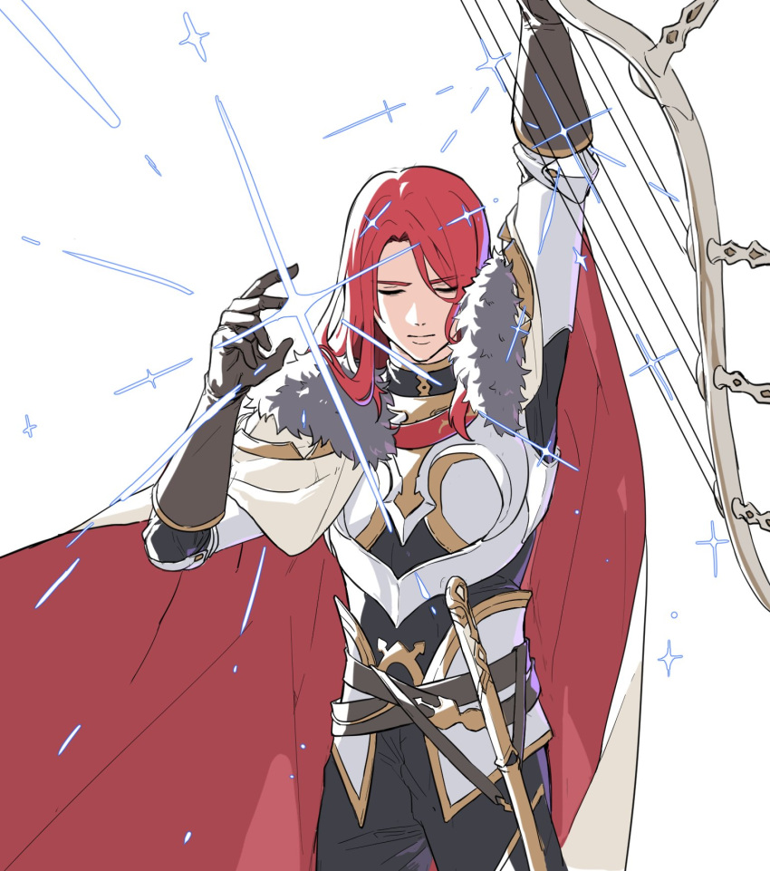 1boy bishounen bow_(weapon) cape closed_eyes cowboy_shot failnaught_(fate) fate/grand_order fate_(series) fighting_stance fur-trimmed_cape fur_trim glint harp highres holding holding_bow_(weapon) holding_weapon instrument knight long_hair male_focus potato_goril red_hair solo tristan_(fate) weapon