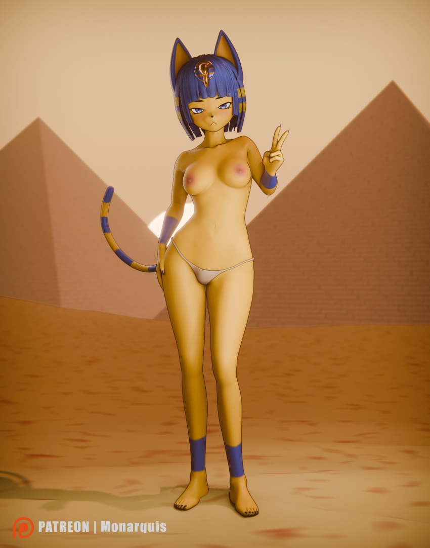 3d_(artwork) absurd_res animal_crossing ankha_(animal_crossing) anthro blue_hair breasts clothed clothing desert digital_media_(artwork) egyptian felid feline female fur hair hi_res jewelry mammal monarquis nintendo panties partially_clothed pyramid showing_chest solo underwear yellow_body yellow_fur