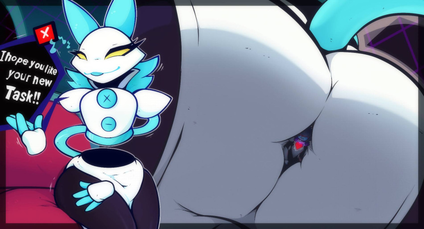 anthro big_butt blue_hair butt darkner deltarune digital_media_(artwork) duo english_text extreme_size_difference felid feline female hair hi_res human kris_(deltarune) larger_female machine male male/female mammal micro mukaxslivka robot sitting_on_another size_difference smaller_male tasque_manager text thick_thighs undertale_(series) yellow_eyes