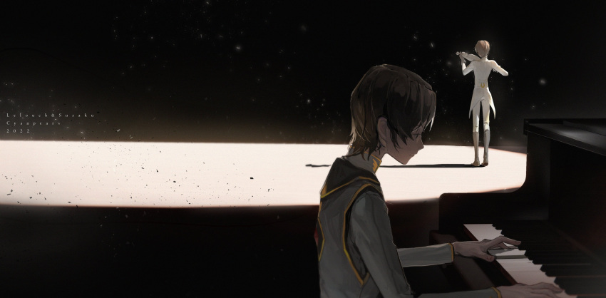 2boys absurdres back black_background black_footwear black_hair brown_hair closed_mouth coat code_geass cyanpears debris from_side full_body grand_piano highres holding holding_instrument holding_violin instrument kururugi_suzaku lelouch_vi_britannia looking_down male_focus multiple_boys music pants piano playing_instrument playing_piano shadow short_hair spotlight upper_body violin white_coat white_pants