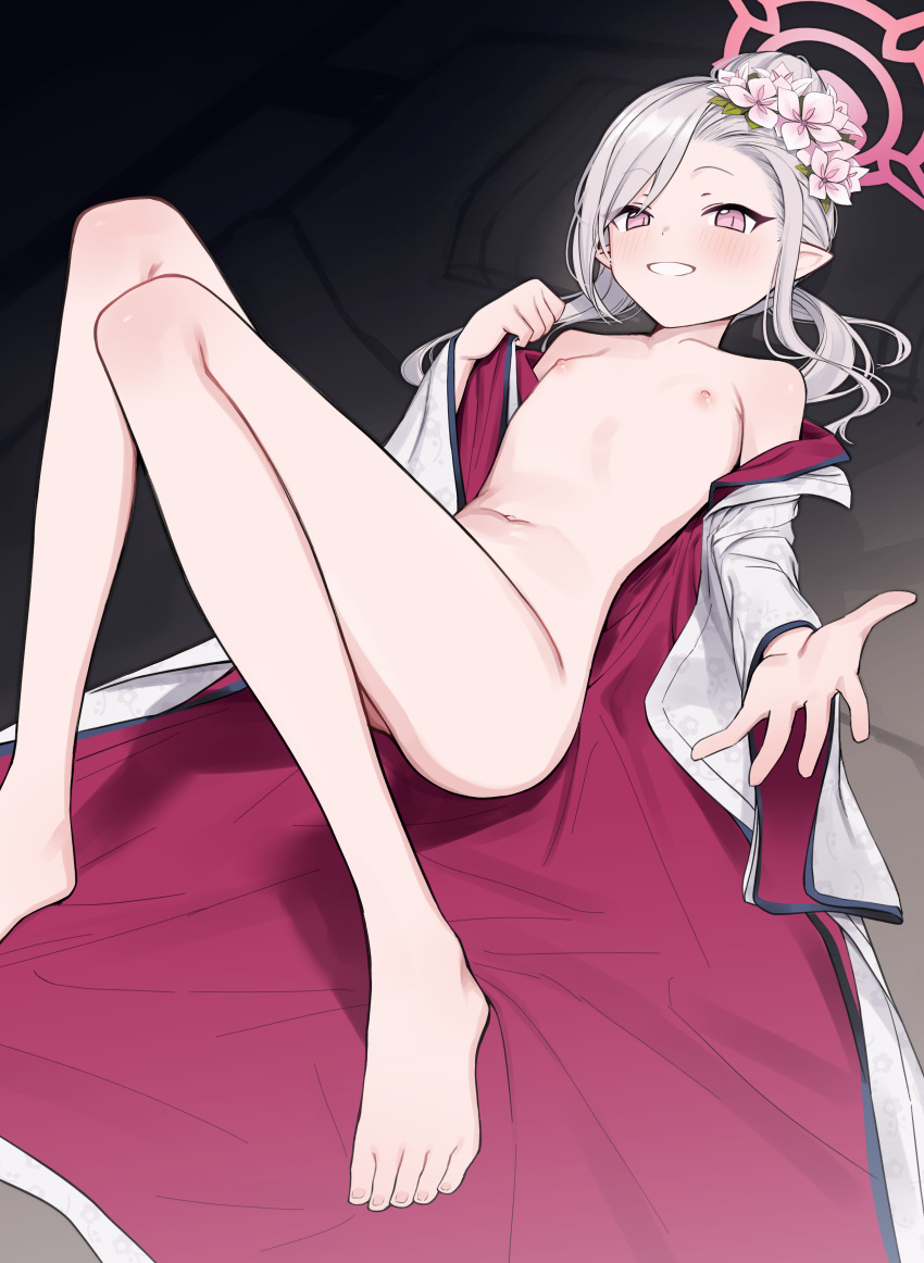 1girl absurdres aruruaaaa bare_shoulders blue_archive blush breasts collarbone commentary convenient_leg eyeliner feet flower grey_hair grin hair_bun hair_flower hair_ornament halo highres japanese_clothes kimono knees_together_feet_apart knees_up looking_at_viewer lying makeup mutsuki_(blue_archive) mutsuki_(new_year)_(blue_archive) navel nipples official_alternate_costume on_back open_clothes open_kimono outstretched_hand pointy_ears single_hair_bun slit_pupils small_breasts smile solo stomach teeth toes white_kimono
