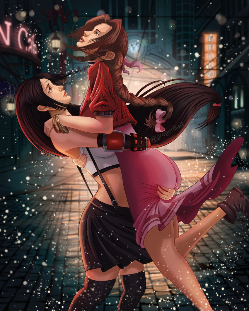 2girls absurdres aerith_gainsborough arms_around_neck cityscape dress final_fantasy final_fantasy_vii final_fantasy_vii_remake gregorillart highres hug hugging_ass long_dress long_hair miniskirt multiple_girls night skirt tifa_lockhart