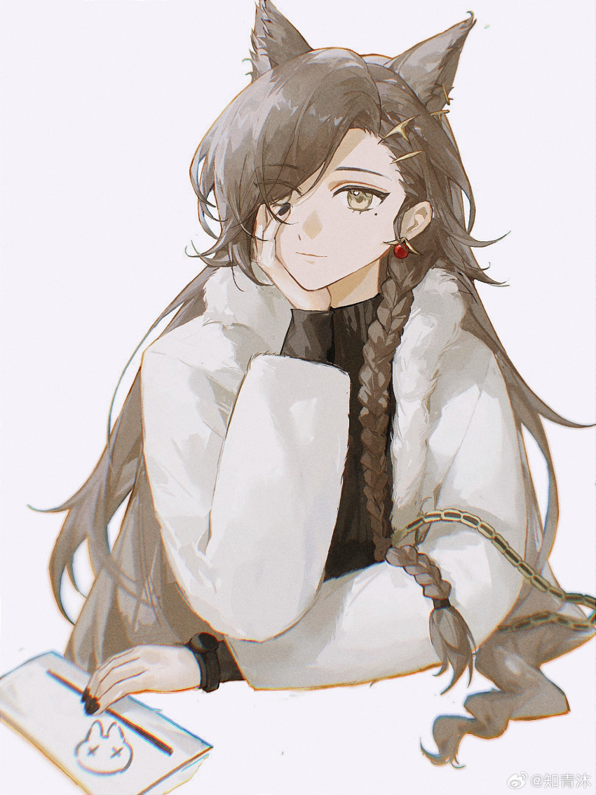 1girl animal_ear_fluff animal_ears arknights arm_rest arm_support artist_name black_nails black_sweater blurry braid breasts brown_hair card chinese_commentary chinese_text chromatic_aberration closed_mouth colored_inner_hair commentary_request earclip earrings educatedyouth extra_ears film_grain fingernails fur-trimmed_jacket fur_trim hair_between_eyes hair_flowing_over hair_ornament hair_over_one_eye hair_spread_out hair_tie hairclip hand_on_own_cheek hand_on_own_face hand_up highres invisible_object jacket jewelry jingle_bell_earrings layered_sleeves leaning leaning_forward leaning_on_object light_brown_hair light_smile long_hair long_sleeves looking_at_viewer low-tied_long_hair low_ponytail low_side_ponytail mole mole_under_eye multicolored_hair nail_polish official_alternate_costume open_clothes open_jacket parted_bangs penance_(arknights) penance_(occasionally_flushed)_(arknights) ponytail ribbed_sweater shadow side_ponytail simple_background single_braid single_earring solo standing strap striped sweater swept_bangs turtleneck turtleneck_sweater two-tone_hair upper_body vertical-striped_sweater vertical_stripes very_long_hair watch watermark weibo_logo weibo_username white_background white_jacket wide_sleeves wolf_ears wolf_girl wristwatch yellow_eyes