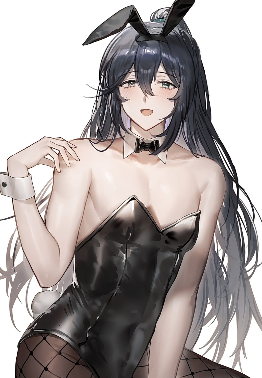 1boy animal_ears aqua_eyes bare_arms black_bow black_bowtie black_eyes black_hair black_leotard blush bonno_sasu bow bowtie detached_collar fake_animal_ears fake_tail fishnet_pantyhose fishnets heterochromia high_ponytail highres hong_lu_(project_moon) leotard limbus_company long_hair male_focus male_playboy_bunny open_mouth pantyhose project_moon rabbit_ears rabbit_tail simple_background smile solo tail traditional_bowtie very_long_hair white_background wrist_cuffs