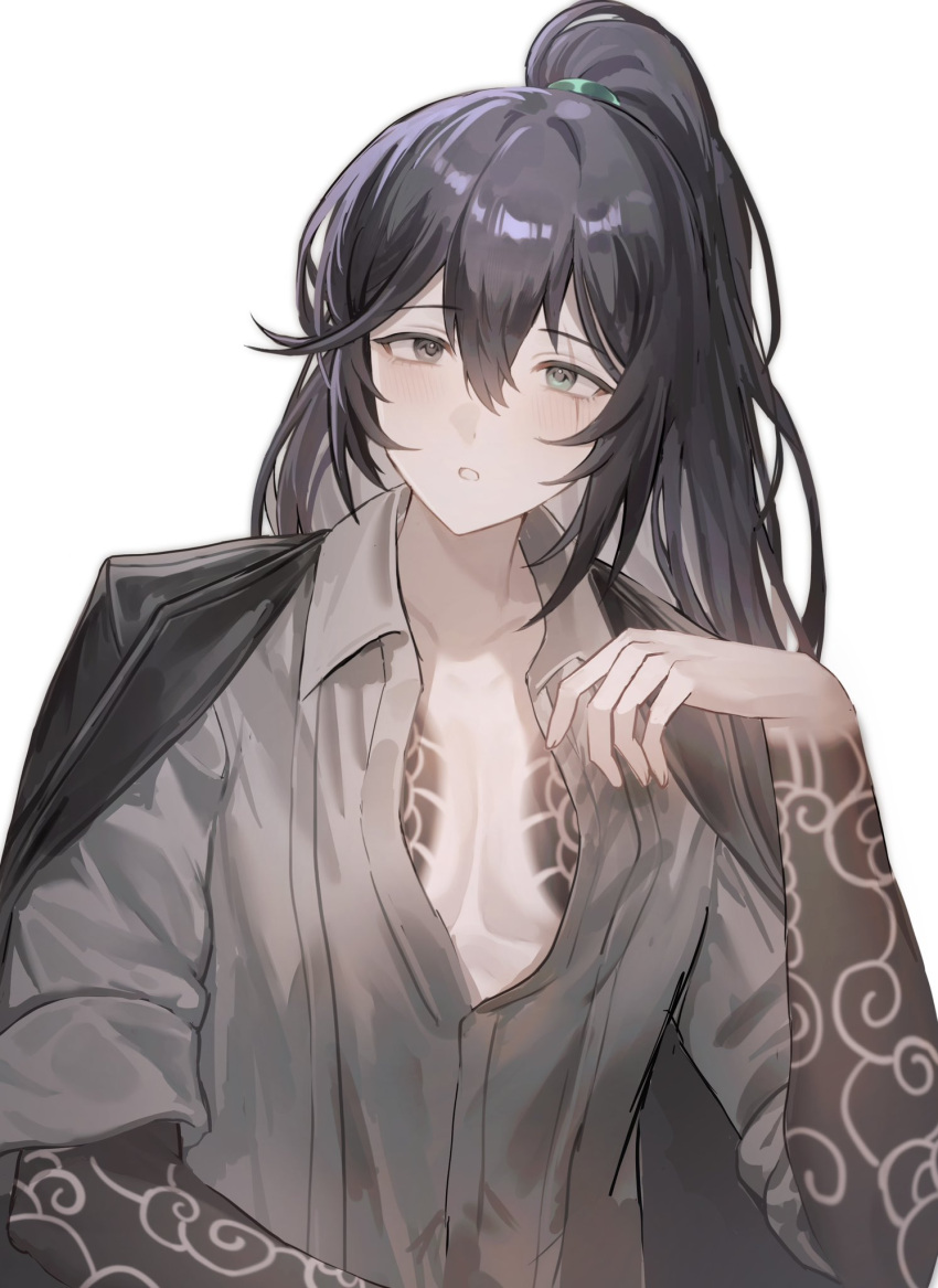 1boy arm_tattoo black_hair bonno_sasu chest_tattoo cloud_tattoo collared_shirt high_ponytail highres hong_lu_(project_moon) limbus_company long_hair long_sleeves open_clothes open_shirt parted_lips project_moon shirt simple_background solo tattoo upper_body very_long_hair white_background white_shirt