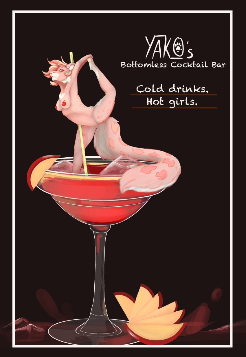 absurd_res alcoholic_drink anthro beverage cocktail_glass container cup drinking_glass felid feline female glass glass_container glass_cup hi_res mammal pantherine pinup pose poster snow_leopard solo yakohazukashi