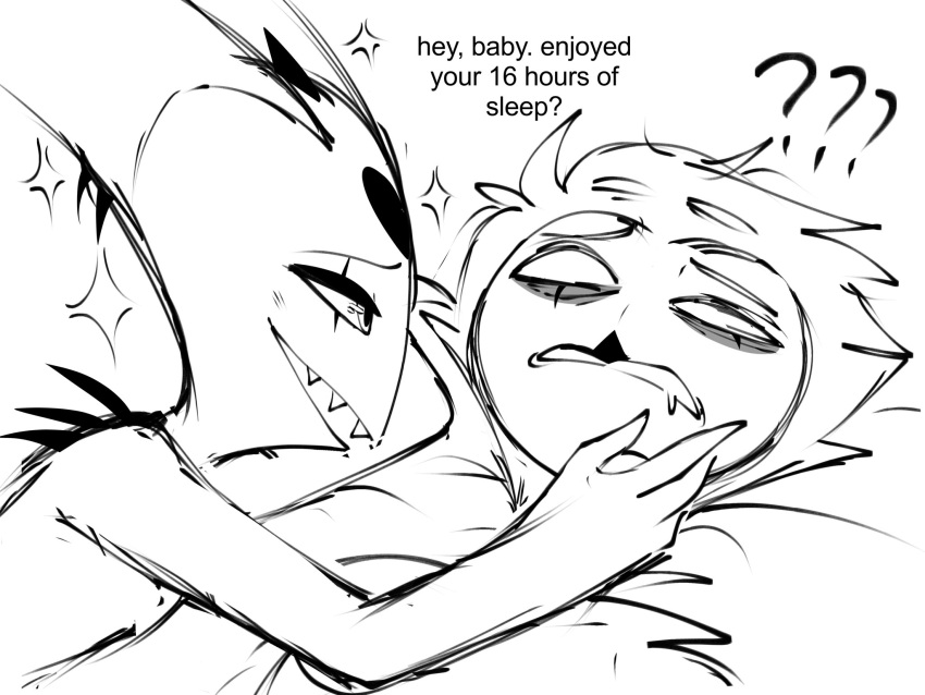 anthro avian avian_demon bed bird black_text blitzo_(helluva_boss) demon dialogue duo furniture hair helluva_boss hi_res horn imp looking_at_another lying male male/male on_back owl owl_demon question_mark short_hair simple_background sleeping smile stolas_(helluva_boss) teathekook text tired white_background