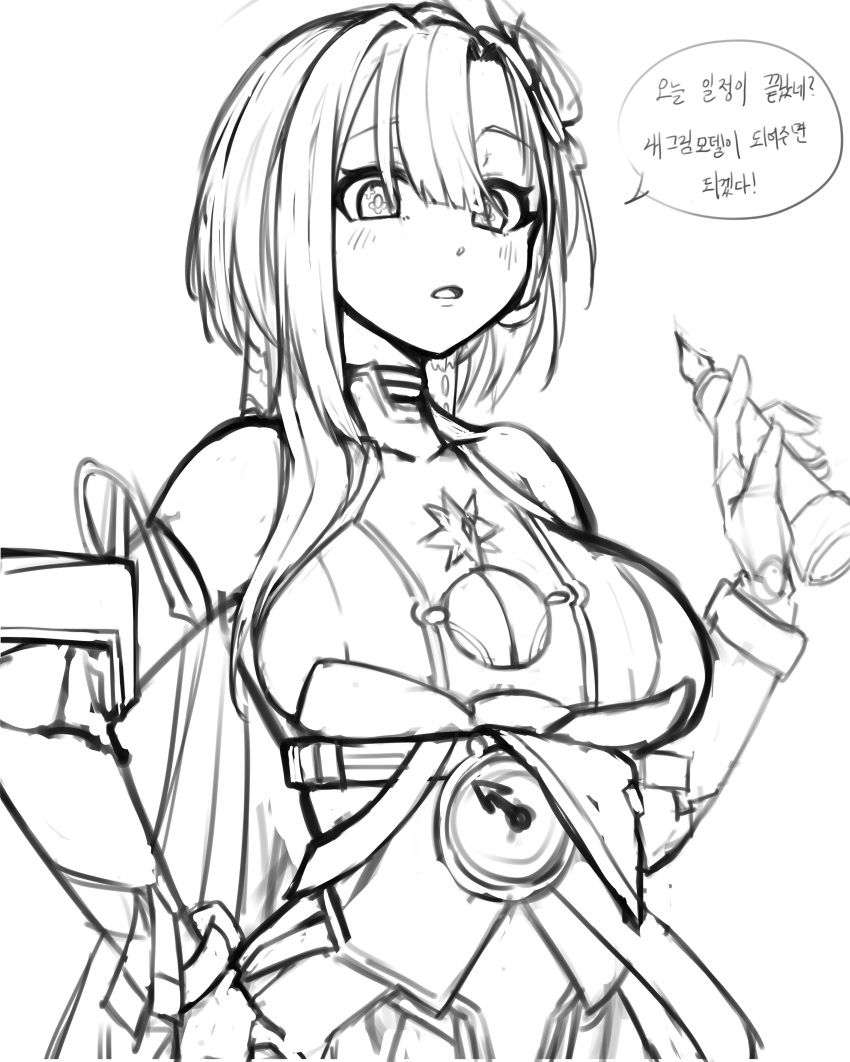 1girl absurdres breasts cleavage cleavage_cutout clothing_cutout cream_bread english_commentary griseo griseo_(cosmic_expression) hair_ornament highres holding holding_pen honkai_(series) honkai_impact_3rd large_breasts long_hair monochrome open_mouth pen simple_background sketch solo speech_bubble translation_request upper_body white_background