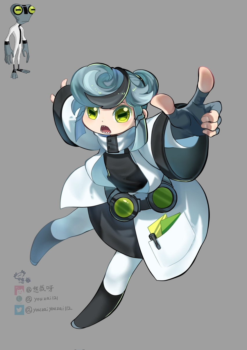 1girl ben_10 black_dress black_hair black_pantyhose blue_gloves blue_hair character_request chinese_commentary coat dress fingerless_gloves flat_chest full_body gloves green_eyes grey_background highres horizontal_pupils lab_coat looking_at_viewer multicolored_hair open_mouth pantyhose pocket sharp_teeth short_hair simple_background solo teeth twitter_username two-tone_hair two-tone_legwear two-tone_pantyhose white_coat white_pantyhose youzaiyouzai112