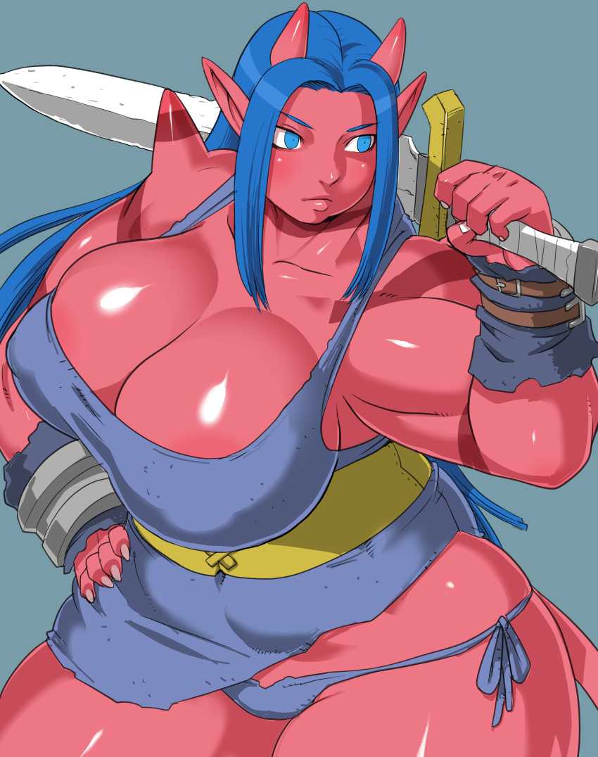 absurd_res asian_mythology big_breasts blue_eyes blue_hair blush breasts cleavage clothed clothing demon east_asian_mythology female grey_background hair hand_on_hip hi_res holding_object holding_sword holding_weapon horn horned_humanoid huge_breasts humanoid japanese_mythology kjm_video long_hair melee_weapon muscular muscular_female mythology nipple_outline ogre_(dragon_quest_x) oni panties purple_clothing purple_panties purple_underwear red_body red_horn red_skin simple_background solo spikes spikes_(anatomy) sword tail tailed_humanoid thick_thighs underwear weapon weapon_on_shoulder wide_hips yokai