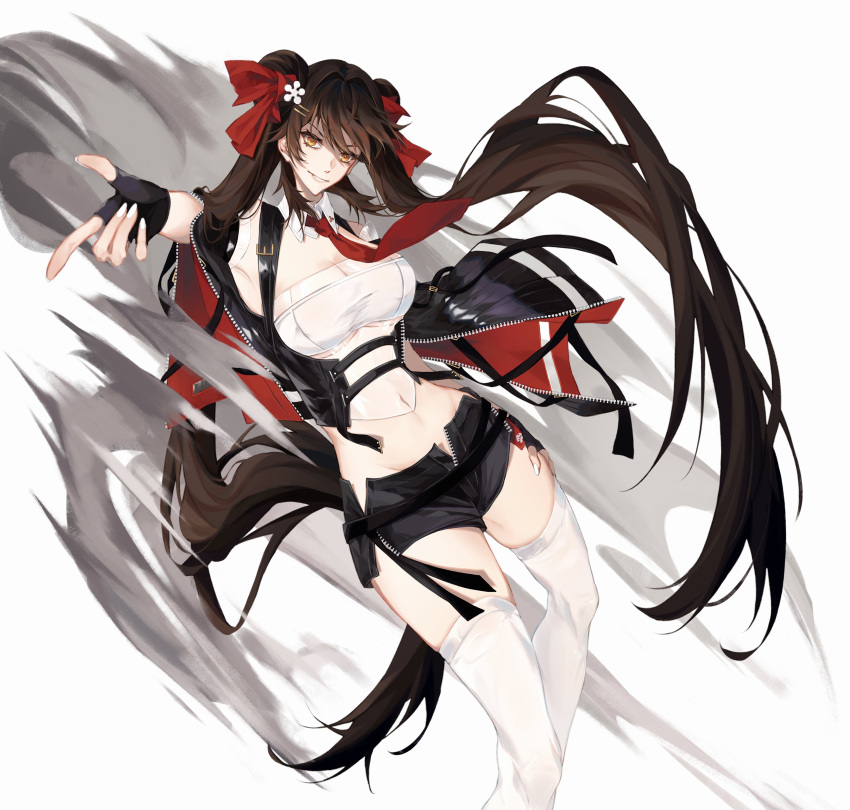 1girl absurdres black_gloves black_jacket black_shorts bow breasts brown_eyes brown_hair cleavage covered_navel crop_top detached_collar double_bun feet_out_of_frame fingerless_gloves girls'_frontline girls'_frontline_neural_cloud gloves hair_bow hair_bun hair_ornament hair_ribbon hairclip highres jacket jiangyu_(neural_cloud) long_hair looking_at_viewer medium_breasts nail_polish necktie open_clothes open_jacket open_mouth orange_eyes parted_lips red_bow red_necktie ribbon shinyuxo shirt shorts smile solo standing thighhighs thighs twintails type_97_(girls'_frontline) very_long_hair white_background white_nails white_shirt white_thighhighs