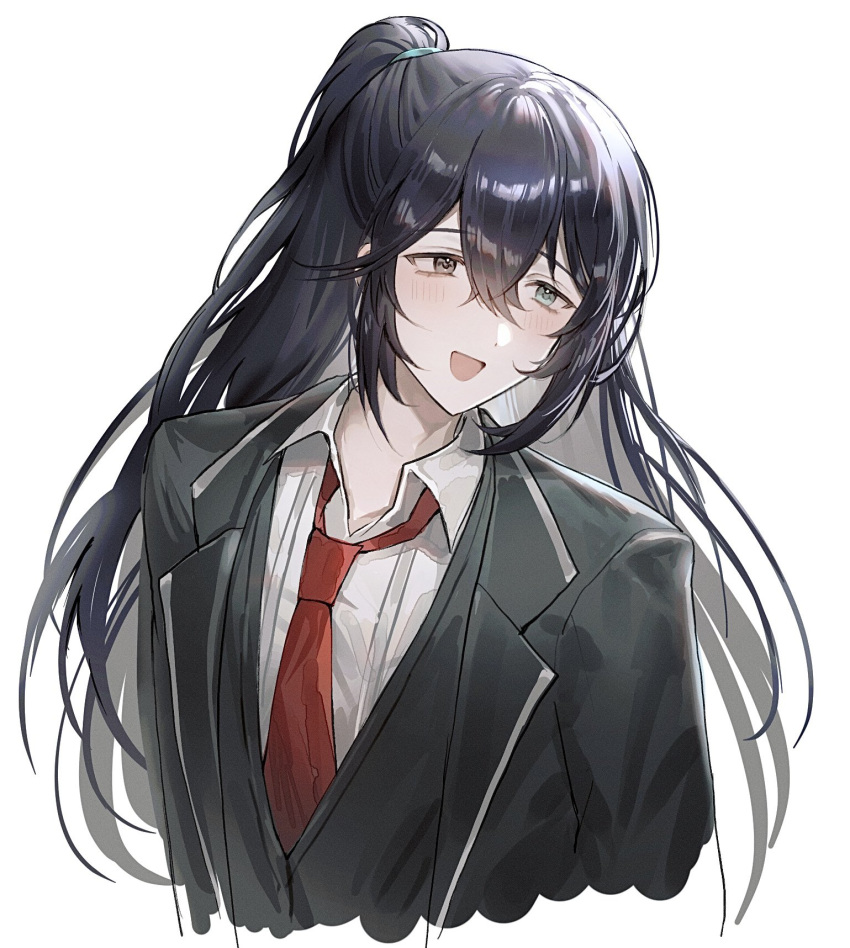 1boy aqua_eyes black_coat black_eyes black_hair black_vest blush bonno_sasu coat collared_shirt heterochromia high_ponytail highres hong_lu_(project_moon) limbus_company long_hair male_focus necktie open_mouth project_moon red_necktie shirt sidelocks simple_background smile solo very_long_hair vest white_background white_shirt