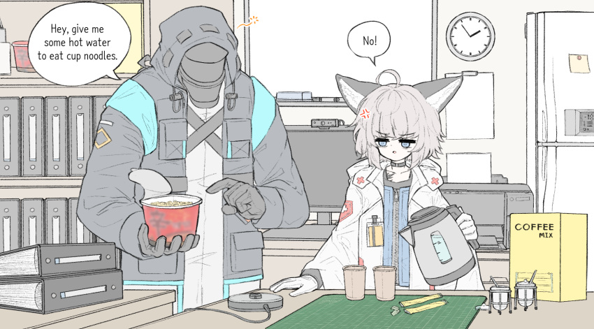 1boy 1girl anger_vein animal_ears arknights binder blue_eyes blue_vest clock cowlick cup cup_ramen disposable_cup doctor_(arknights) electric_kettle english_text food fox_ears fox_girl gloves grey_hair highres holding holding_food holding_kettle indoors jokebag kettle keyboard_(computer) looking_at_another male_doctor_(arknights) medium_hair monitor open_mouth pointing printer refrigerator shelf speech_bubble sussurro_(arknights) talking vest wall_clock white_gloves