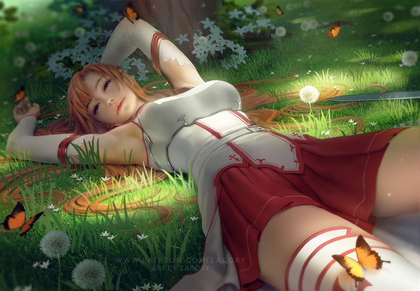 1girl arm_above_head armor armpits artist_name asuna_(sao) breastplate breasts brown_eyes brown_hair bug butterfly dandelion detached_sleeves flower grass long_hair looking_at_viewer lying medium_breasts on_back pleated_skirt red_skirt shirt skirt solo sword_art_online thighhighs thighs tree very_long_hair waist_cape web_address white_shirt white_thighhighs zarory