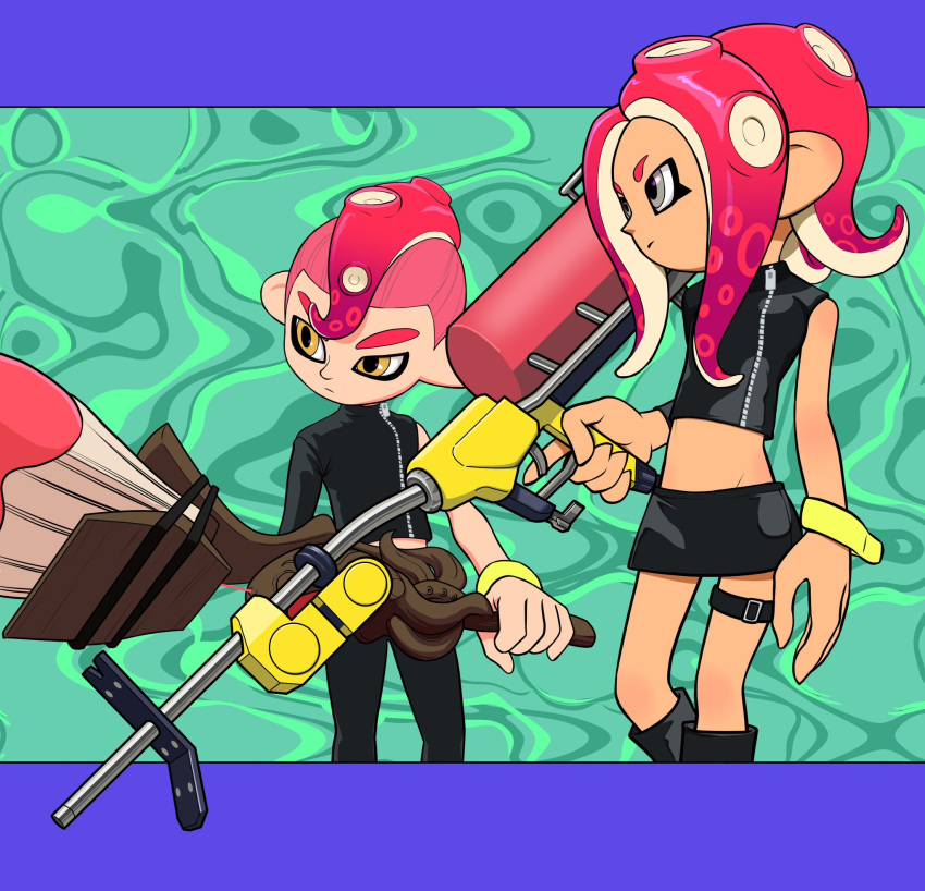 1boy 1girl black_shorts commentary_request crop_top e-liter_4k_(splatoon) green_background grey_eyes gun highres holding holding_gun holding_weapon letterboxed long_hair midriff mohawk octobrush_(splatoon) octoling octoling_boy octoling_girl red_hair short_hair shorts splatoon_(series) standing tentacle_hair weapon xdies_ds yellow_bracelet yellow_eyes zipper