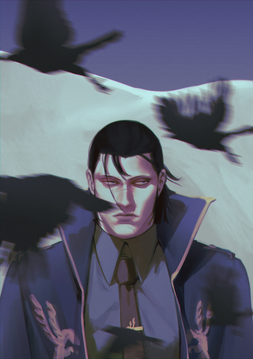 1boy 9gu_84 absurdres bara bird black_hair blue_background blue_coat blue_shirt closed_mouth coat collared_coat crow highres long_hair looking_to_the_side male_focus mature_male necktie ponytail red_necktie scar scar_on_chin scar_on_face scar_on_mouth scar_on_nose sergei_dragunov shirt solo tekken upper_body