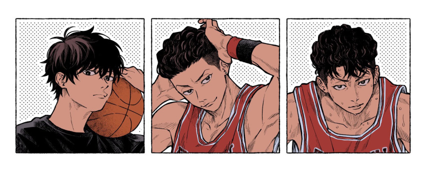 1boy 2red_1 alternate_hairstyle armpits ball basketball_(object) basketball_jersey basketball_uniform black_shirt brown_eyes brown_hair dark-skinned_male dark_skin earrings hands_on_own_head highres holding holding_ball jewelry looking_at_viewer male_focus miyagi_ryouta multiple_views pectoral_cleavage pectorals portrait red_tank_top shirt slam_dunk_(series) smile sportswear stud_earrings sweat tank_top toned toned_male undercut wavy_hair