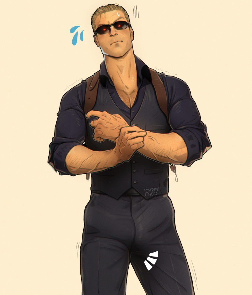 1boy albert_wesker bara blonde_hair blue_pants blue_shirt blue_vest bulge chest_hair_peek chris_sdd closed_mouth collared_shirt cowboy_shot flying_sweatdrops glowing glowing_eyes hair_slicked_back harness highres long_sleeves male_focus mature_male muscular muscular_male notice_lines pants pectoral_cleavage pectorals red_eyes resident_evil shirt short_hair simple_background sleeves_rolled_up solo sunglasses sweatdrop veins vest yellow_background