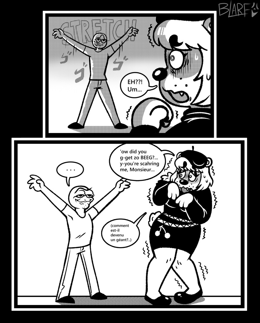 2023 absurd_res anthro bear black_and_white blarf022 comic dialogue english_text female french_accent french_text hi_res humor male mammal monochrome scared shaking sherry_bear_(blarf022) text