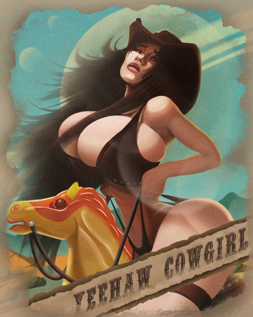 absurdres bouncing_breasts breasts cow_girl gregorillart highres horseback_riding huge_breasts large_breasts original panties panty_pull pinup_(style) retro_artstyle riding underwear