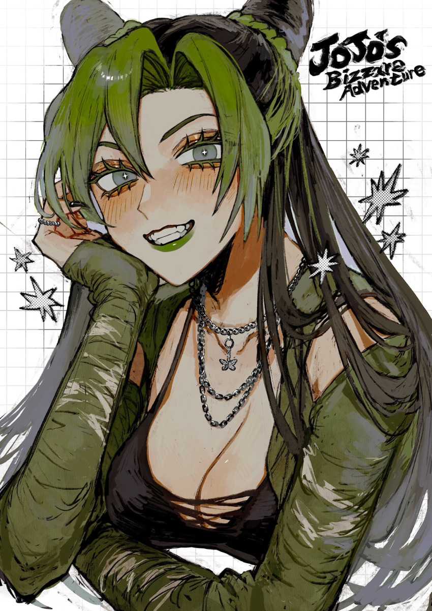 1girl black_bra black_hair black_nails blush bra breasts cleavage commentary copyright_name cropped_torso cross-shaped_pupils double_bun eyelashes fingernails green_hair green_lips green_shirt grey_eyes grin hair_bun hand_on_own_cheek hand_on_own_face head_rest highres jewelry jojo_no_kimyou_na_bouken kujo_jolyne lipstick long_hair long_sleeves looking_at_viewer makeup medium_breasts multicolored_hair nail_polish necklace neg_50asu open_clothes open_shirt ring shirt sleeves_past_wrists smile solo sparkle stone_ocean symbol-only_commentary symbol-shaped_pupils two-tone_hair underwear