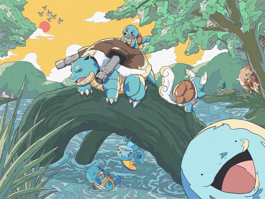 animal_focus blastoise closed_eyes cloud cramorant debudebumetabo evolutionary_line flying greedent highres hoppip looking_at_viewer no_humans open_mouth pokemon pokemon_(creature) quagsire red_sun ripples rowlet shell skwovet sky slowbro slowking slowpoke sobble solid_circle_eyes squirtle tail tree wartortle water yellow_sky