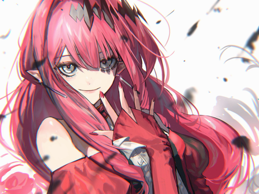 1girl baobhan_sith_(fate) bare_shoulders debris detached_sleeves dress earrings fate/grand_order fate_(series) highres jewelry long_hair looking_at_viewer miroku_(butuzo33) pink_hair pointy_ears red_dress red_nails sidelocks smile solo tiara