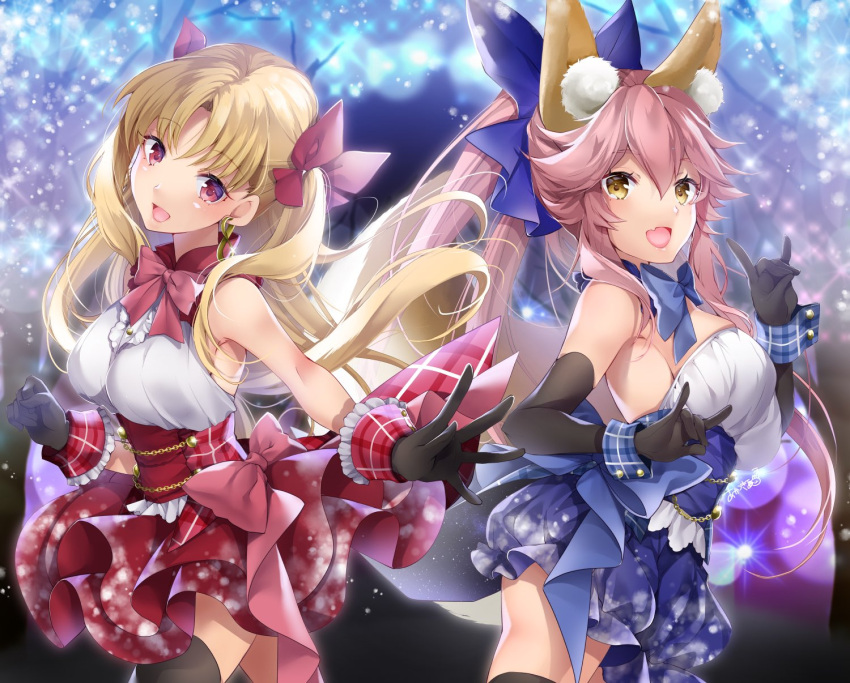 2girls :d akatsuki_hijiri alternate_costume back-to-back backboob black_gloves black_thighhighs blonde_hair blue_bow blue_dress blush bow breasts center_frills commentary commission cowboy_shot detached_collar double-parted_bangs double_fox_shadow_puppet dress elbow_gloves ereshkigal_(fate) eyelashes fang fate/grand_order fate_(series) floating_clothes floating_hair fox_shadow_puppet frilled_gloves frills gloves hair_between_eyes hair_bow hands_up head_tilt high-waist_skirt highres idol idol_clothes large_breasts long_hair looking_at_viewer love_live! multiple_girls open_mouth outstretched_arm parted_bangs pink_bow pink_hair red_bow red_eyes red_skirt shirt sidelocks skeb_commission skin_fang skindentation skirt sleeveless sleeveless_shirt smile snow_halation snowflake_print sparkle stage strapless strapless_dress tamamo_(fate) thighhighs two_side_up very_long_hair white_shirt yellow_eyes