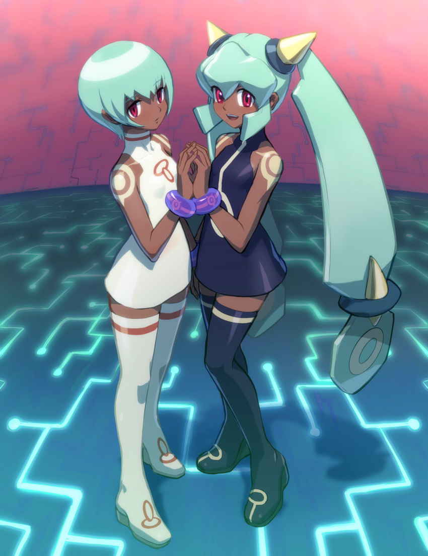 2girls aqua_hair bare_shoulders bracelet closed_mouth dark-skinned_female dark_skin full_body highres hoshi_mikan interlocked_fingers jewelry long_hair looking_at_viewer mega_man_(series) mega_man_legends multiple_girls open_mouth red_eyes sera_(mega_man) short_hair siblings sisters skirt smile standing tattoo thighhighs twins twintails very_long_hair yuna_(mega_man)