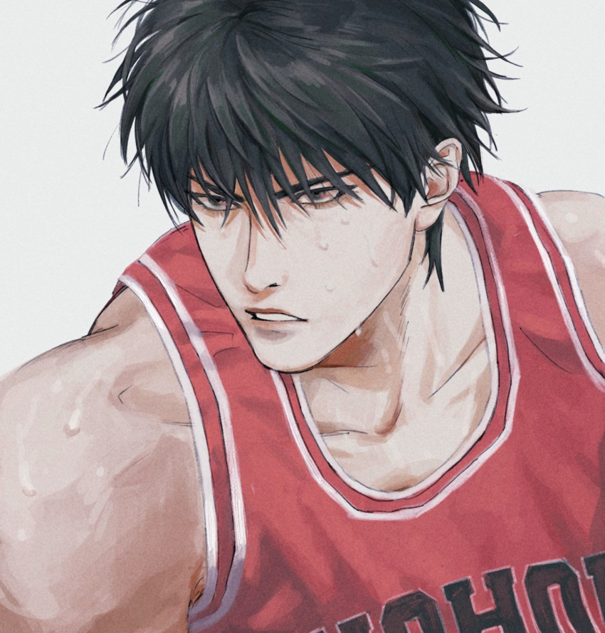 1boy basketball_jersey basketball_uniform bishounen black_eyes black_hair grey_background highres inudog_17 looking_ahead male_focus open_mouth portrait red_tank_top rukawa_kaede short_hair simple_background slam_dunk_(series) solo sportswear sweat tank_top toned toned_male