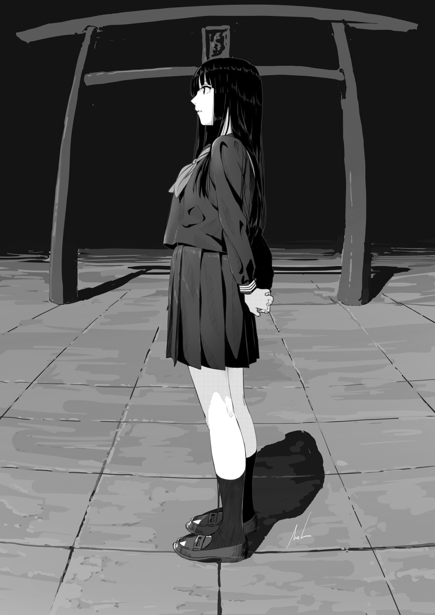 1girl aged_up arms_behind_back black_hair black_sailor_collar black_serafuku black_socks blunt_bangs furude_rika hair_over_shoulder highres higurashi_no_naku_koro_ni hime_cut loafers long_hair long_sleeves mac_naut monochrome neckerchief parted_lips pleated_skirt profile sailor_collar school_uniform serafuku shadow shirt shoes skirt socks solo standing torii