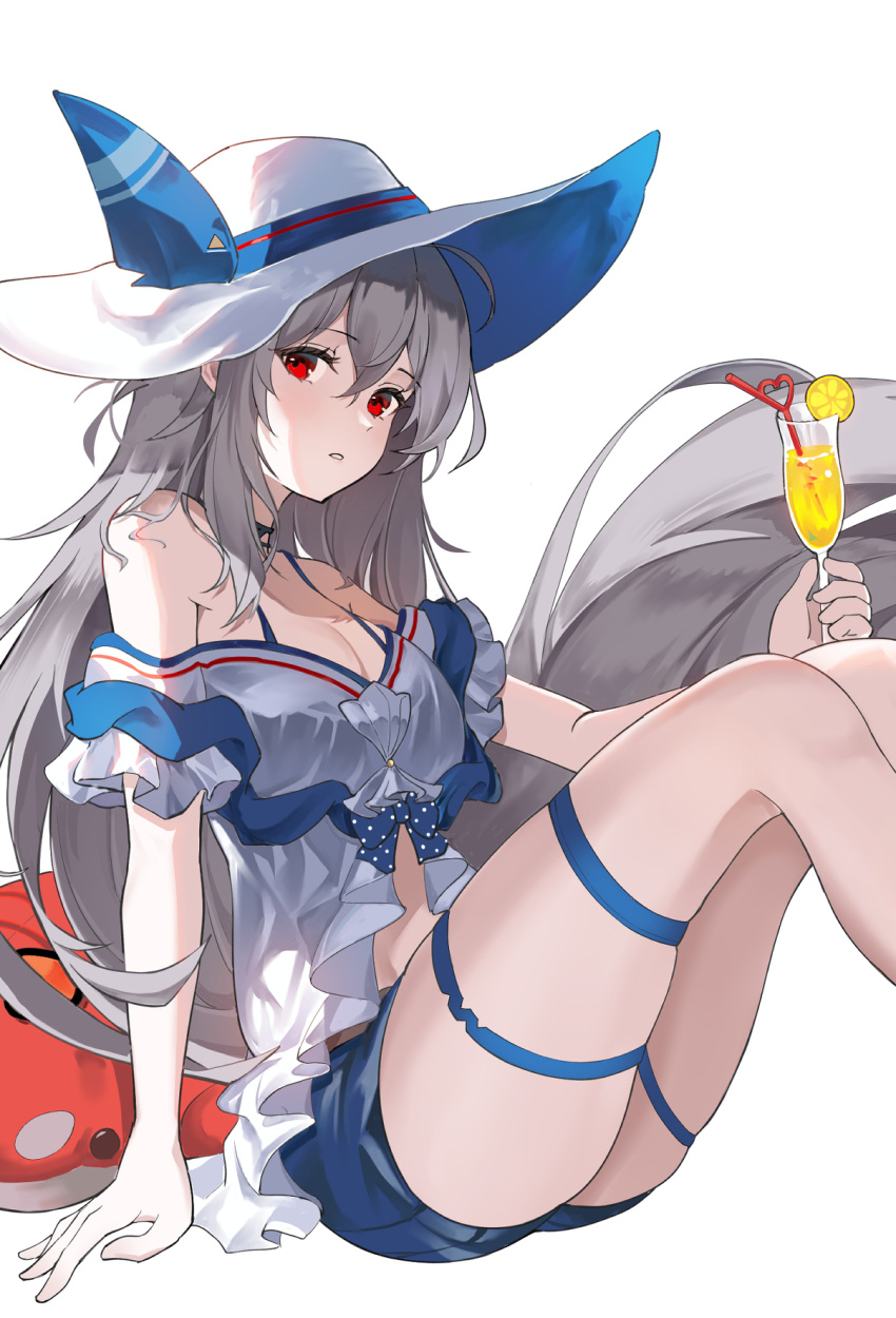 1girl arknights arm_support blue_shorts blush breasts champagne_flute cleavage commentary cup drink drinking_glass feet_out_of_frame grey_hair grey_shirt hat highres holding holding_drink inflatable_orca inflatable_toy knees_up long_hair looking_at_viewer medium_breasts midriff_peek off-shoulder_shirt off_shoulder parted_lips red_eyes shan_(ti0n) shirt shorts simple_background skadi_(arknights) skadi_(waverider)_(arknights) solo sun_hat thigh_strap very_long_hair white_background white_headwear