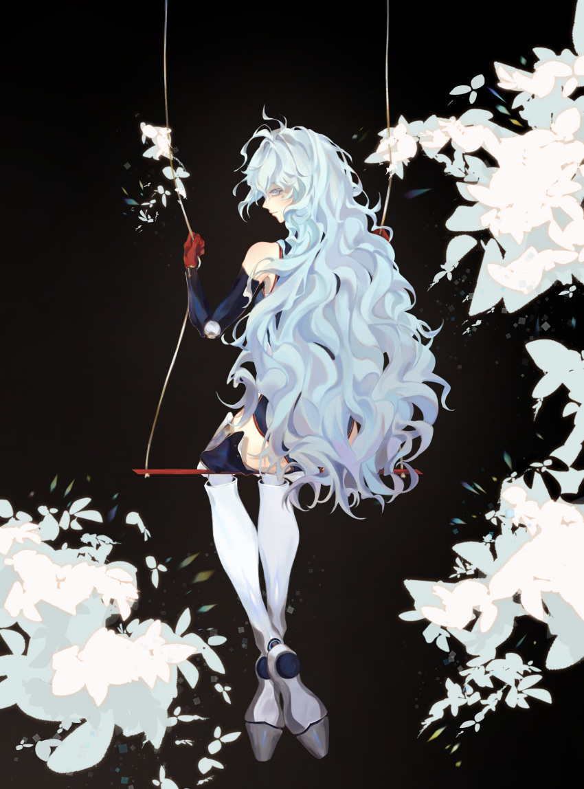 1girl absurdres black_background blue_dress blue_eyes blue_hair closed_mouth dress elbow_gloves english_commentary floral_background full_body girls'_frontline girls'_frontline_neural_cloud gloves highres long_hair looking_at_viewer looking_back mechanical_legs red_gloves ribeyrolles_(girls'_frontline) shinyuxo sitting solo