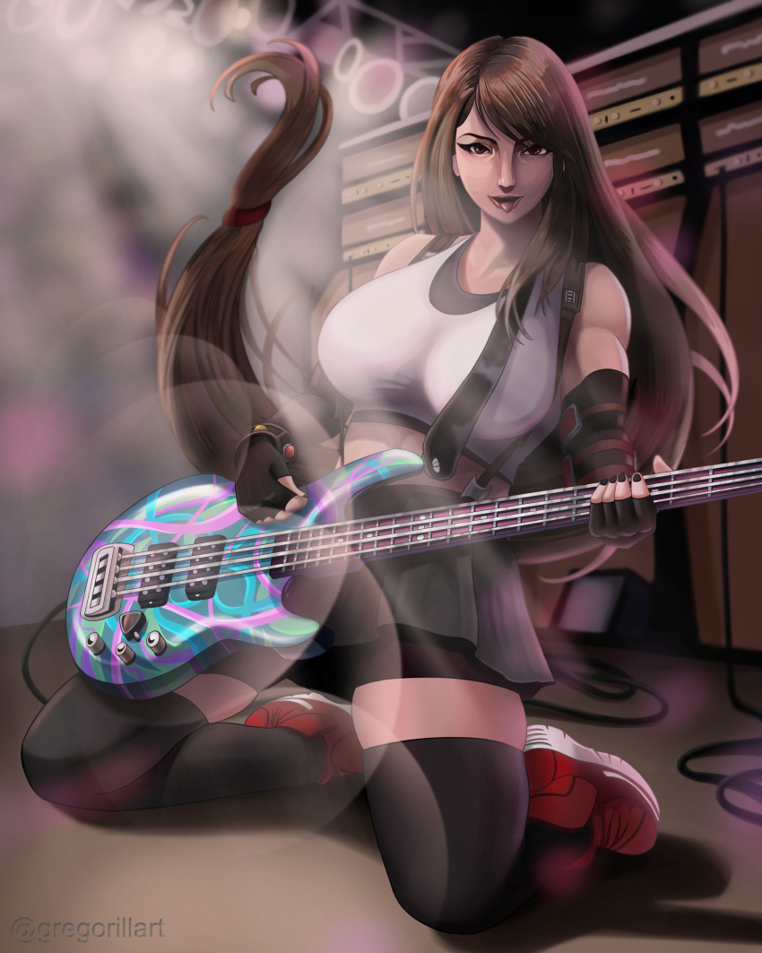 1girl absurdres bass_guitar breasts crop_top final_fantasy final_fantasy_vii final_fantasy_vii_remake gregorillart highres holding instrument large_breasts miniskirt music playing_instrument skirt tifa_lockhart