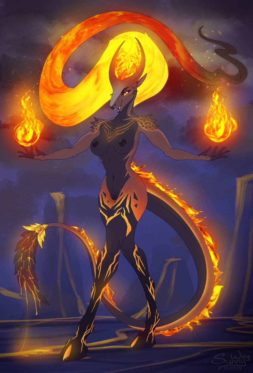 anthro belly breasts digital_media_(artwork) dragon fangs female fire genitals hi_res hooves horn lava nipples nude open_mouth pompeii pussy scalie smile solo sunny_way teeth volcano