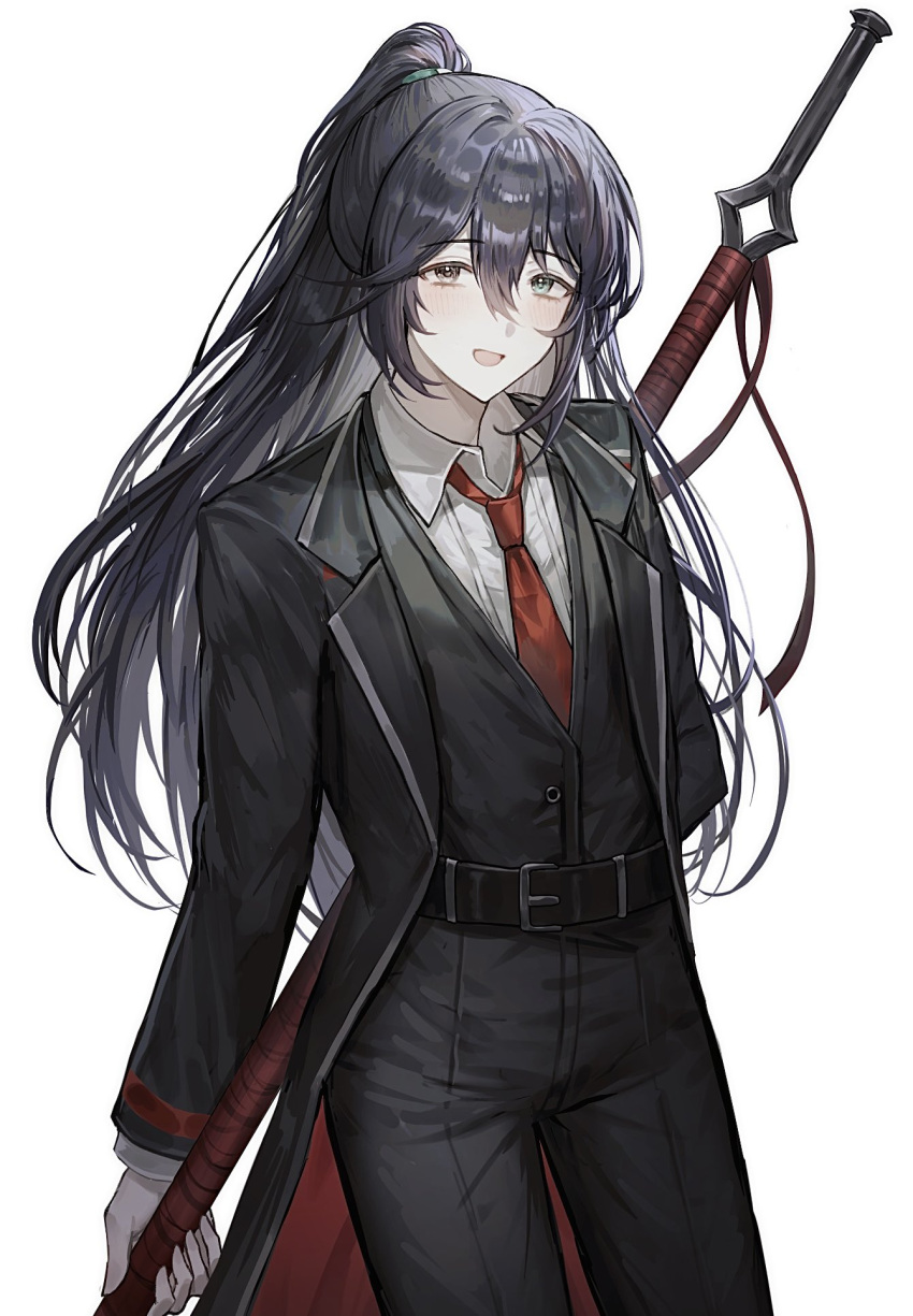 1boy aqua_eyes belt black_belt black_eyes black_hair black_pants black_vest bonno_sasu coat collared_shirt cowboy_shot guan_dao heterochromia high_ponytail highres holding holding_polearm holding_weapon hong_lu_(project_moon) limbus_company long_hair looking_at_viewer male_focus open_mouth pants polearm project_moon shirt simple_background smile solo standing very_long_hair vest weapon white_background