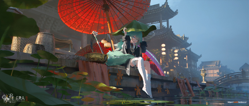 1girl absurdres animal_ears architecture asymmetrical_legwear basket black_dress bridge canal cloud cloudy_sky dress east_asian_architecture fox_ears fox_girl fox_tail green_eyes green_hair highres holding holding_plant honkai:_star_rail honkai_(series) huohuo_(honkai:_star_rail) lantern leaf lily_pad long_hair long_sleeves oil-paper_umbrella outdoors plant scenery single_thighhigh sitting sky solo stone_lantern tail thighhighs umbrella void_0 water white_thighhighs