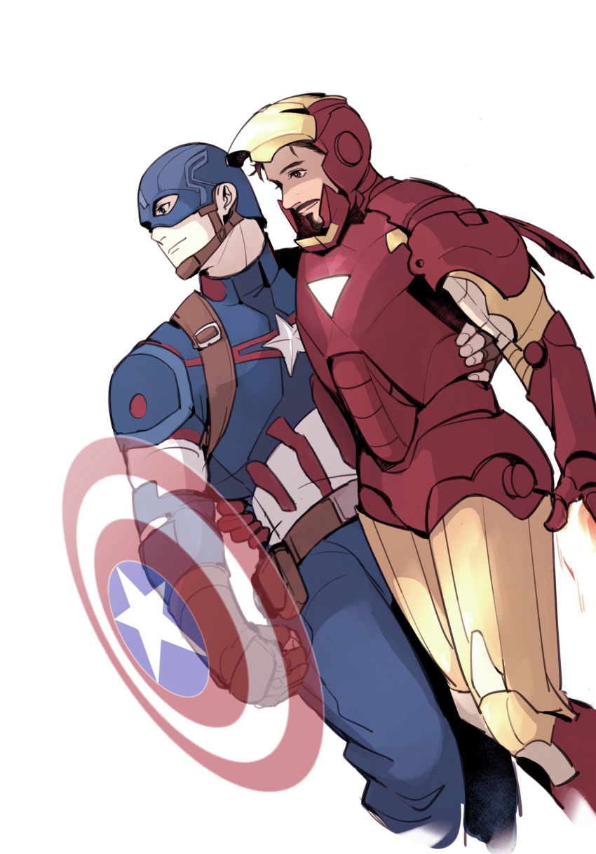 2boys arc_reactor armor avengers_(series) belt blue_bodysuit blue_eyes bodysuit brown_belt brown_eyes brown_gloves brown_hair captain_america clenched_hand closed_mouth facial_hair fingerless_gloves flying full_armor gloves hand_around_waist helmet highres holding holding_shield iron_man looking_to_the_side male_focus marvel multicolored_armor multiple_boys pocket power_armor red_armor rv0fya shield short_hair simple_background smile star_(symbol) steve_rogers striped superhero tony_stark white_background yaoi yellow_armor