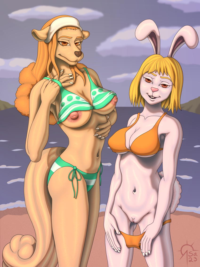 anthro beach bikini blonde_hair breasts brown_eyes canid canine canis carrot_(one_piece) clothed clothing cloud domestic_dog duo female female/female fur genitals hair hi_res lagomorph leporid long_hair mammal midriff minkmen_(one_piece) navel nipple_slip nipples one_piece orange_hair partially_clothed pussy rabbit sacrificabominat sea seaside swimwear underwear underwear_down wanda_(one_piece) water white_body white_fur